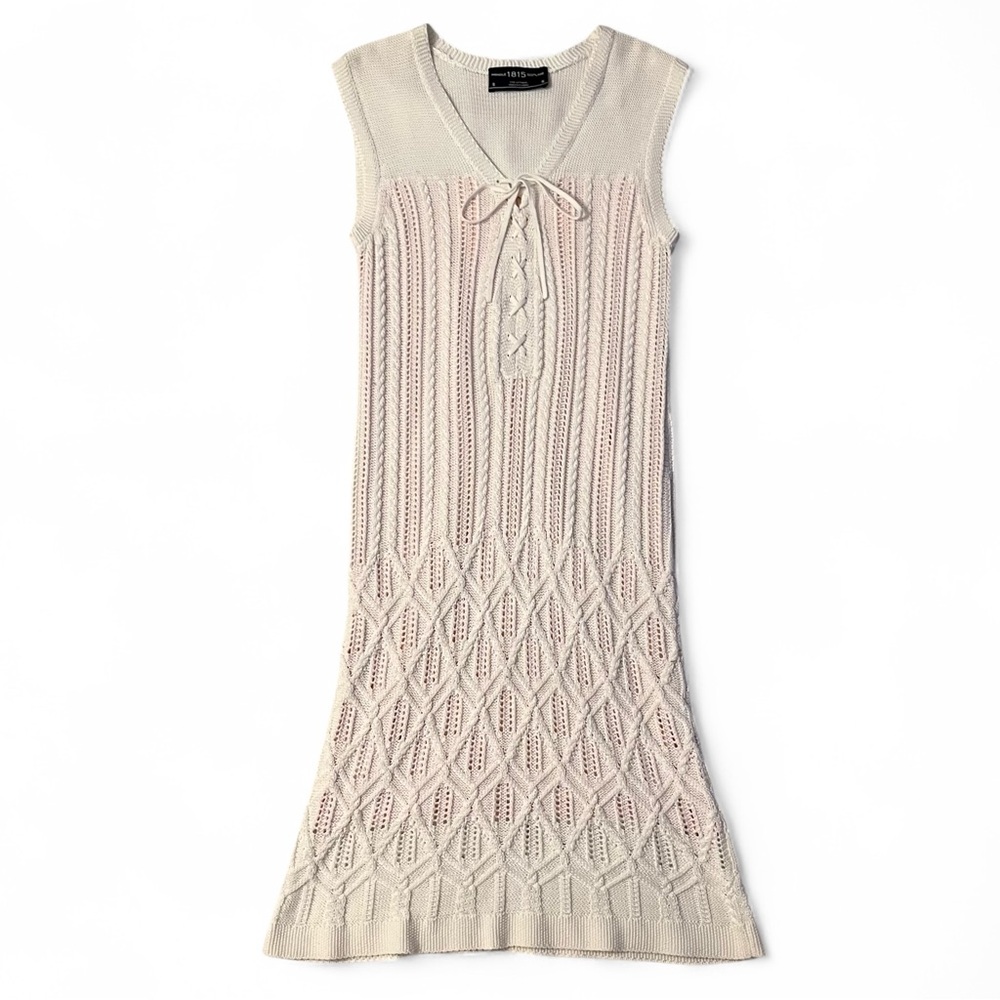 Pringle Of Scotland Cream Knit Crochet Cotton Fitted Sleeveless Midi Dress small